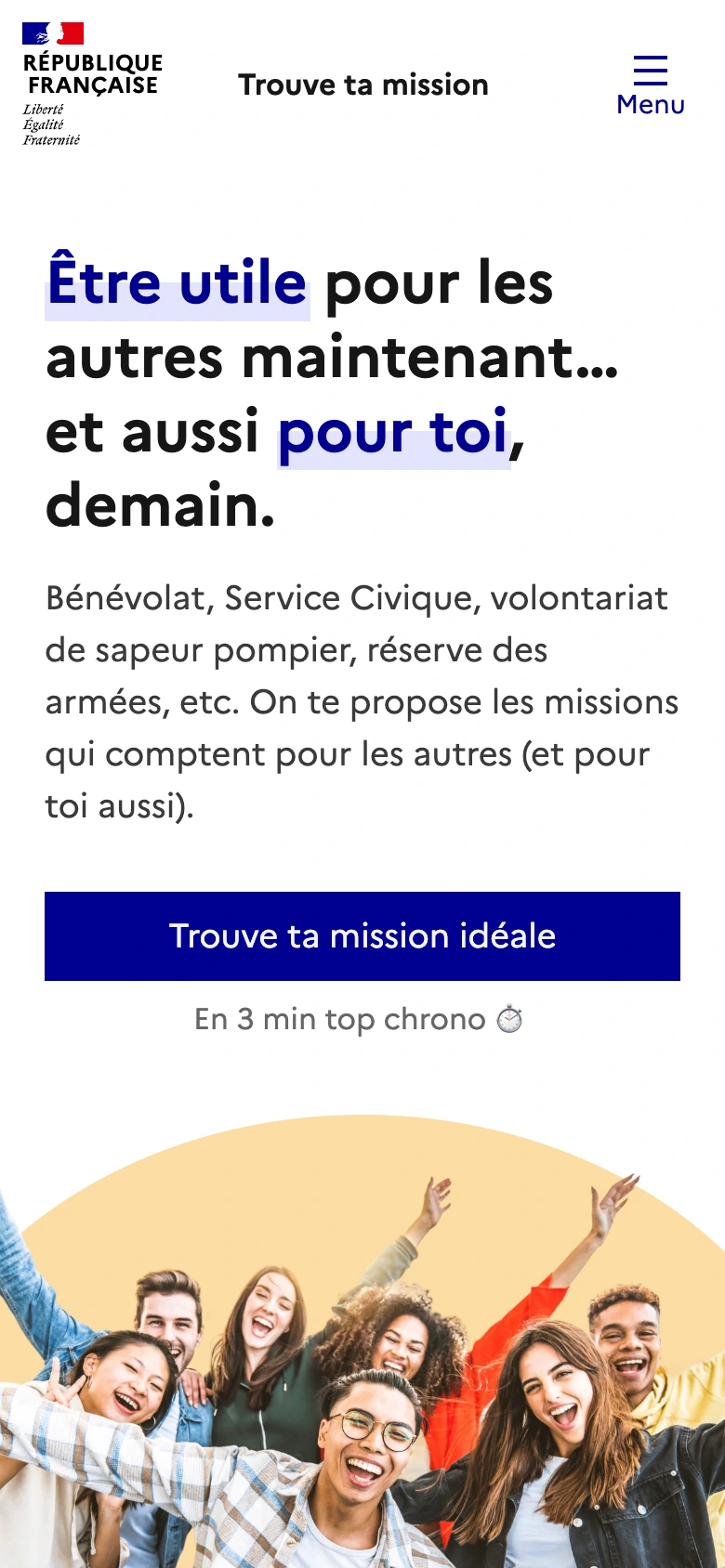 Mobile prototype of the platform: questionnaire, mission discovery and personalized selection