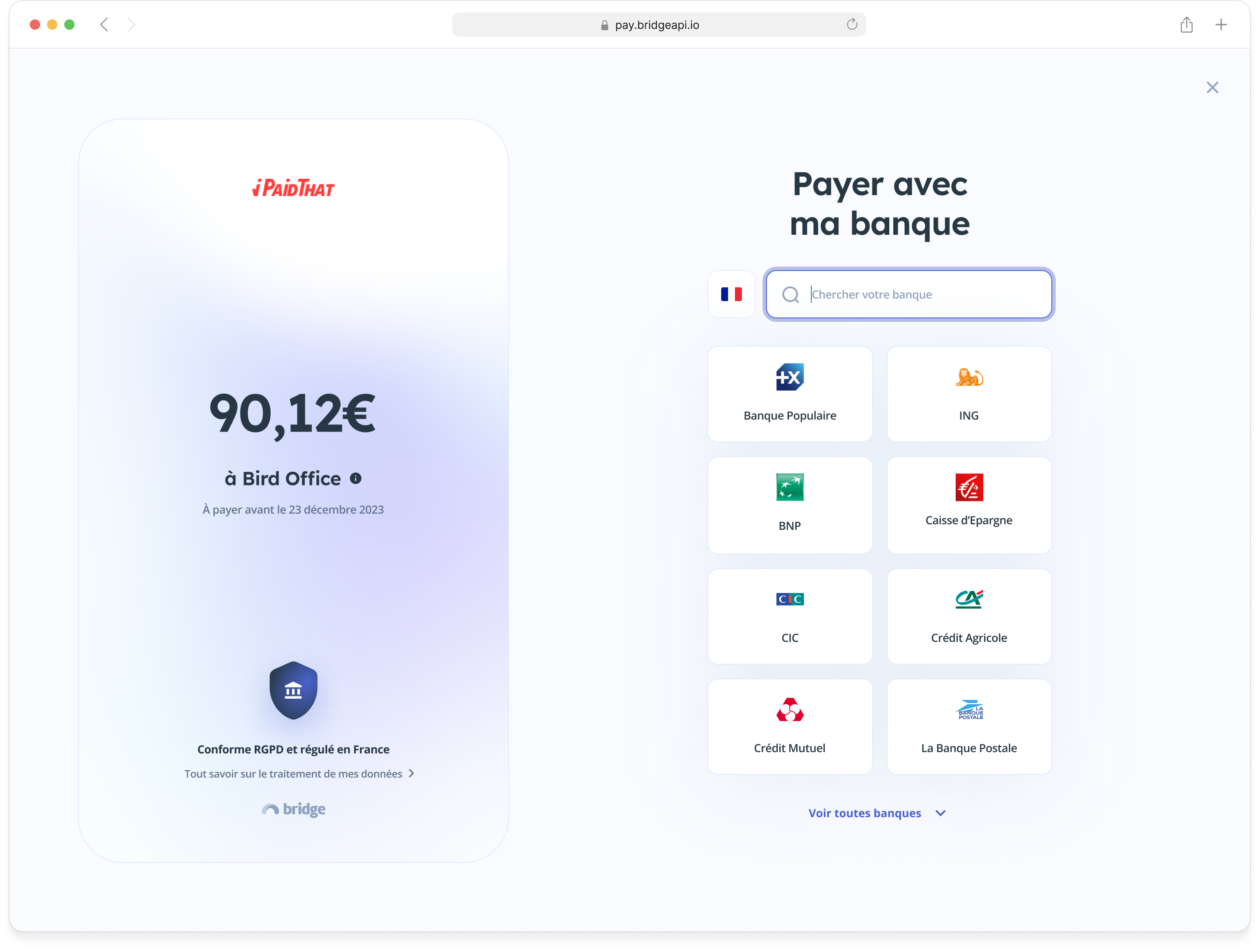 Parcours Pay by Link refondu : choix de la banque, du type de compte, puis paiement en ligne et confirmation