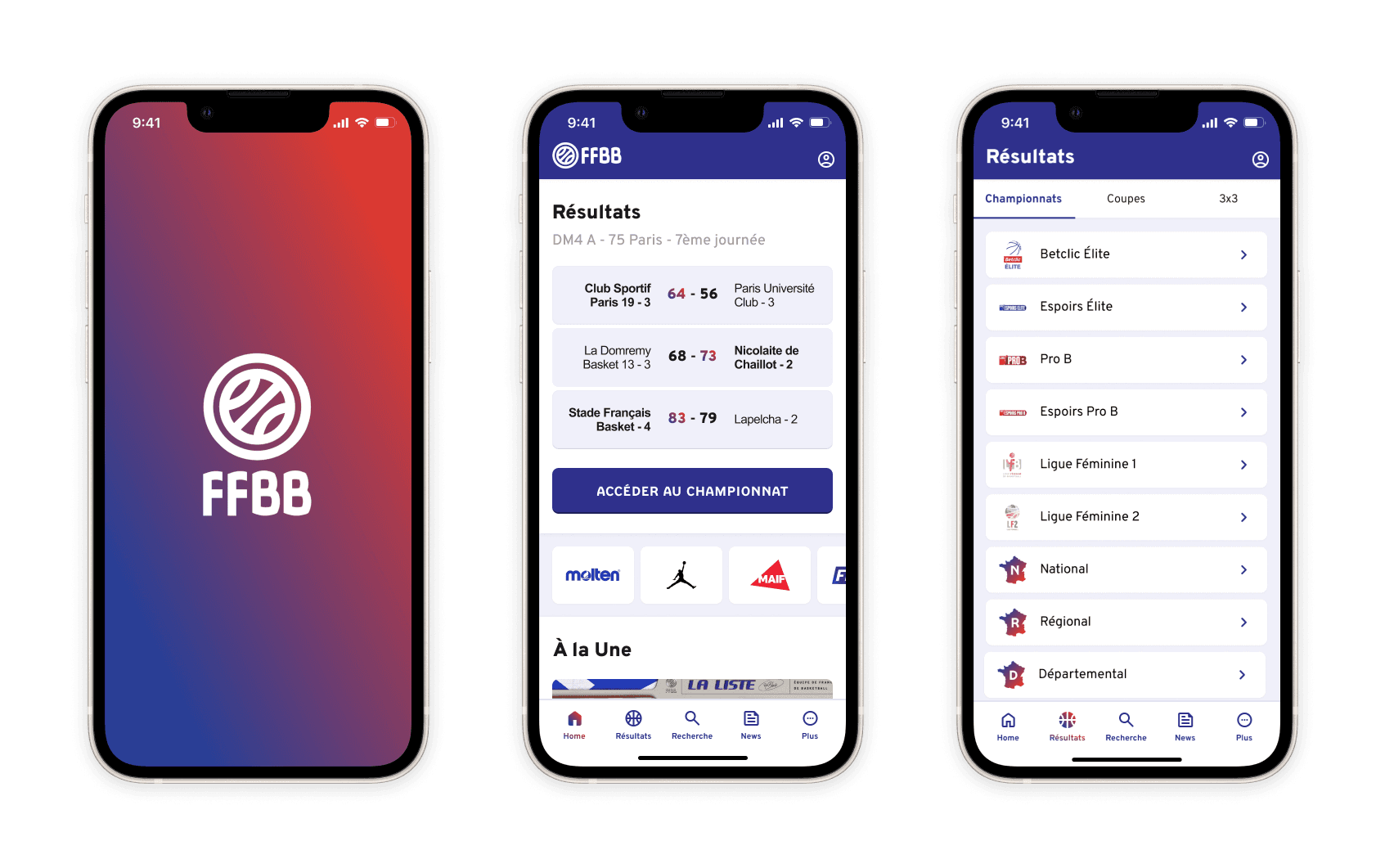 Redesigned FFBB app screens showing simplified navigation and results