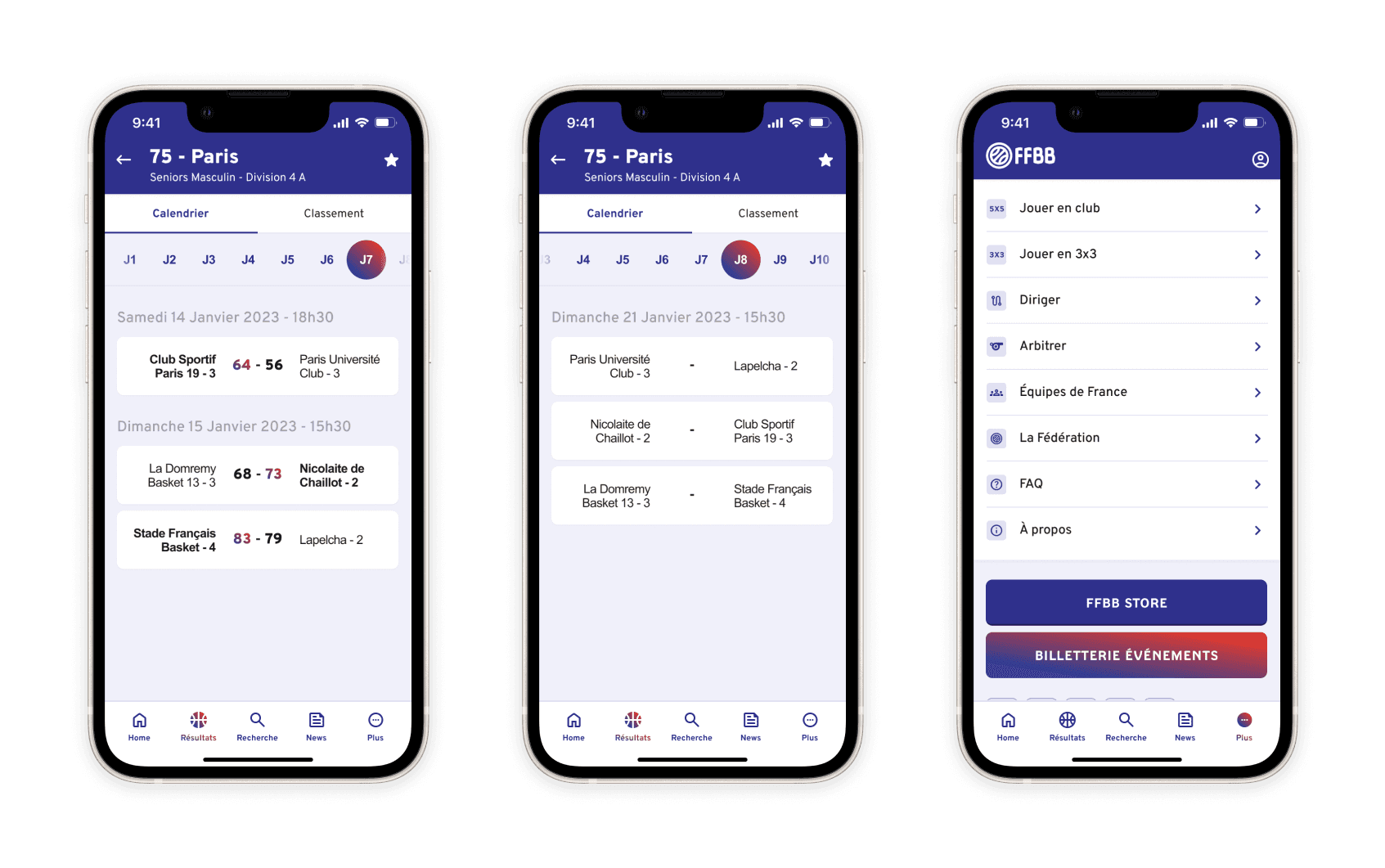 Additional redesigned FFBB app screens with championship and ranking views