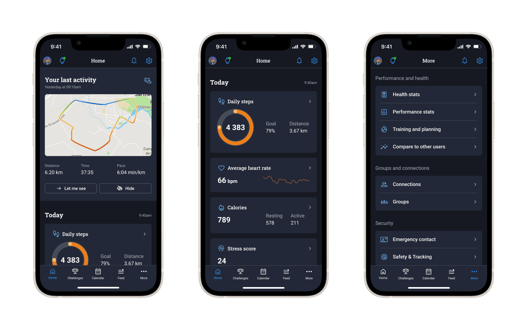 Redesigned Garmin Connect homepage with last activity highlighted and simplified More menu