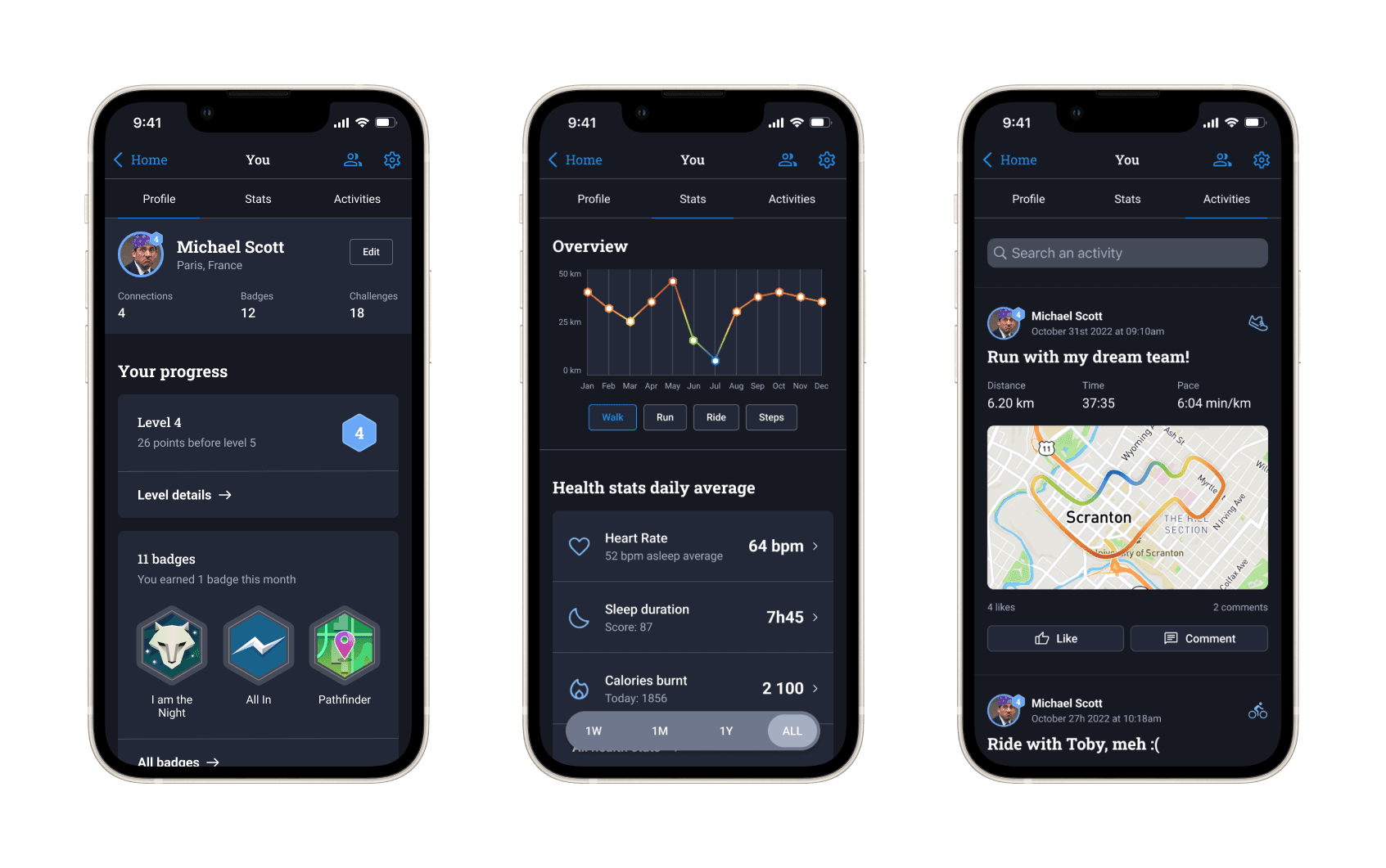 Redesigned profile page split into profile, stats and activities sections