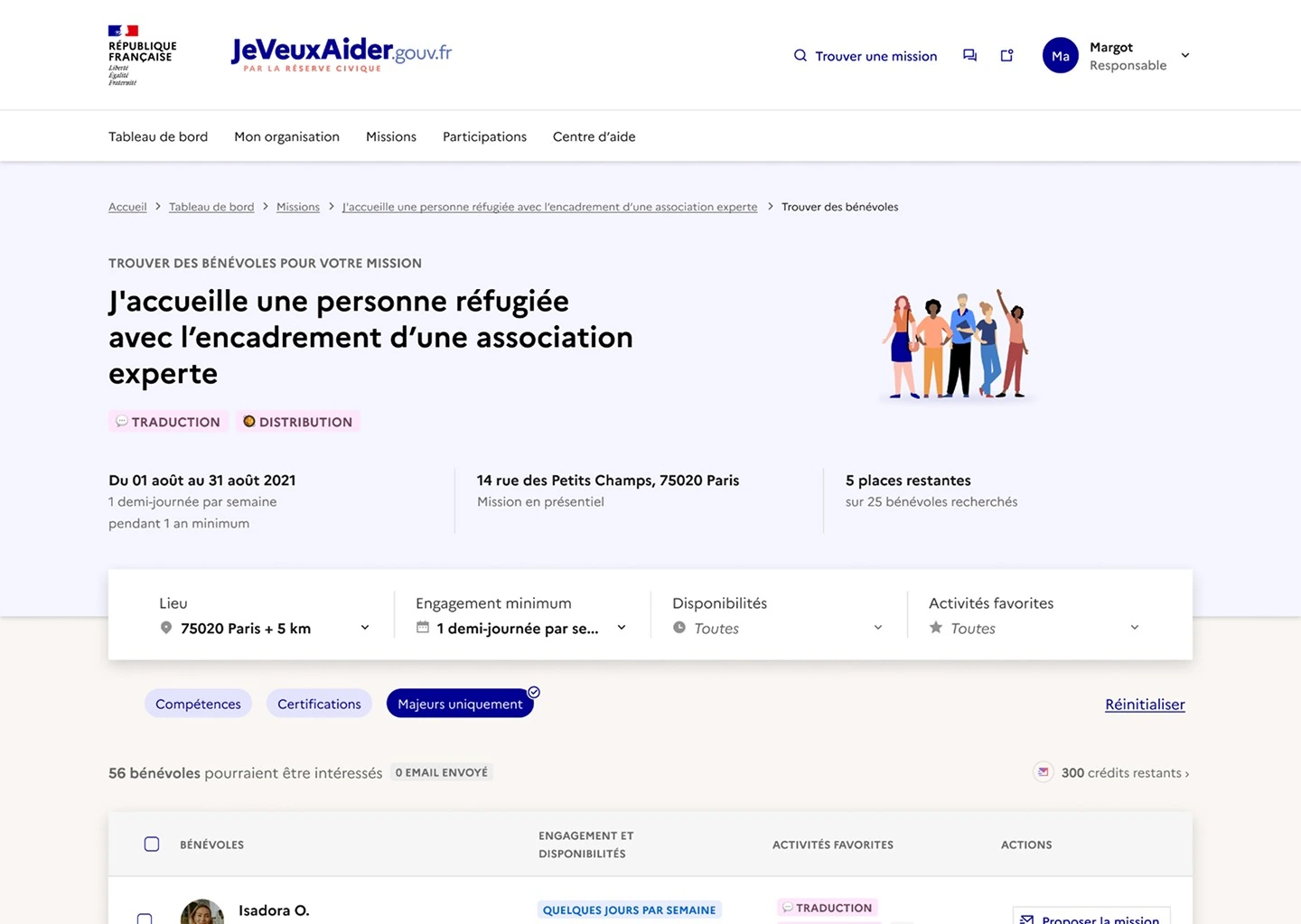 Après : la page repensée, avec le résumé de la mission, des filtres par lieu, engagement, disponibilités et activités favorites, et le nombre de bénévoles correspondants