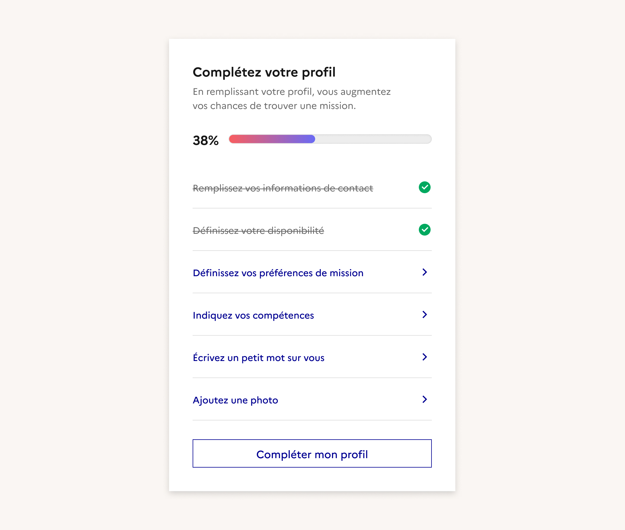Carte « Complétez votre profil » avec une jauge de complétion à 38 % et une liste des étapes à remplir